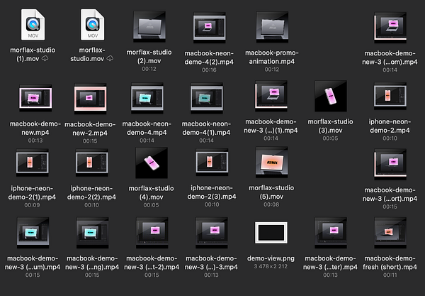 A grid of video files and images related to demos and video editing tasks.