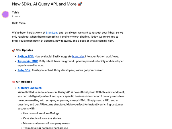 The image displays an email update regarding new SDKs and API features from Brand.dev.