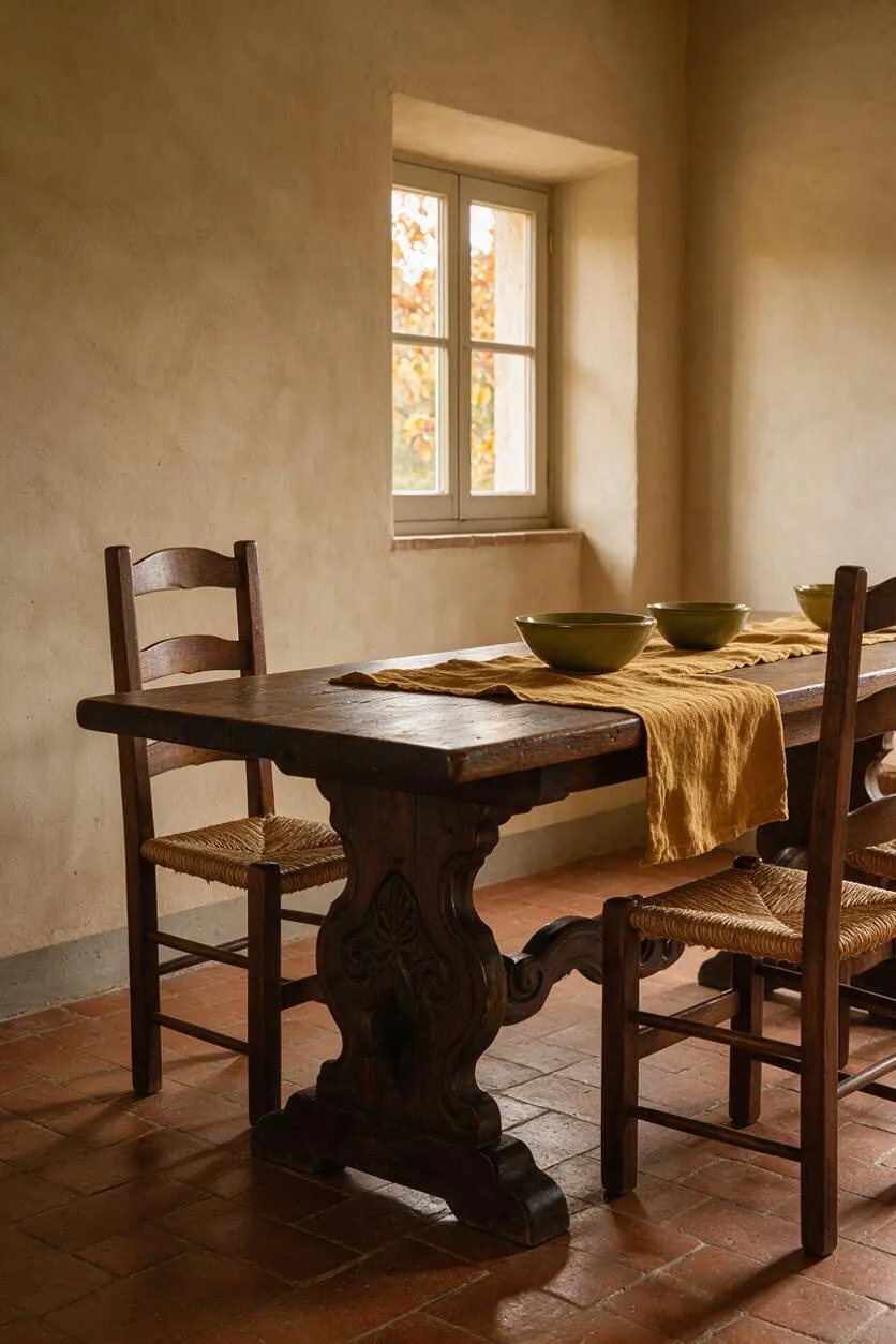 A rustic Mediterranean dining nook with a dark carved wooden table, woven-seat chairs, and olive-green bowls on a mustard linen runner. Soft beige plaster walls, a small window with autumn light, and terracotta tile flooring create a warm, timeless atmosphere.