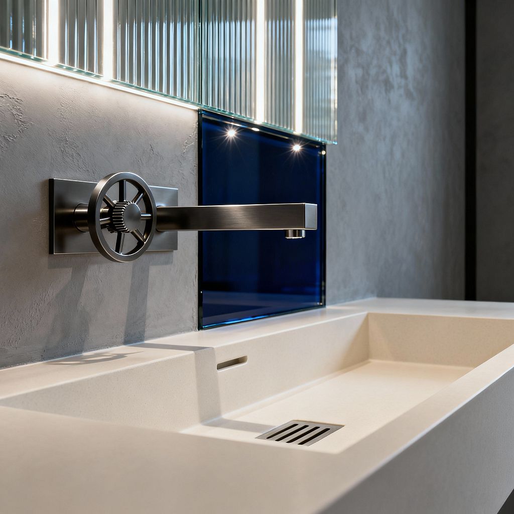 Close-up of a contemporary bathroom vanity featuring a wall-mounted brushed stainless steel faucet with an industrial wheel-style handle above a seamless matte white solid-surface trough sink. The backsplash combines vertically lit fluted glass with a glossy cobalt blue glass panel, set against cool gray microcement walls. A linear slotted drain and integrated overflow keep the design minimal, with crisp reflections from concealed LED lighting completing the clean, modern look.