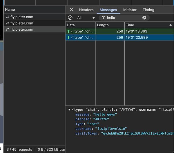 The image displays a developer console showing chat message data from the website fly.pieter.com.