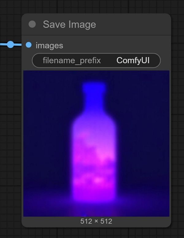 A blurred image of a bottle with a purple and blue glow is displayed in a save image dialog box.