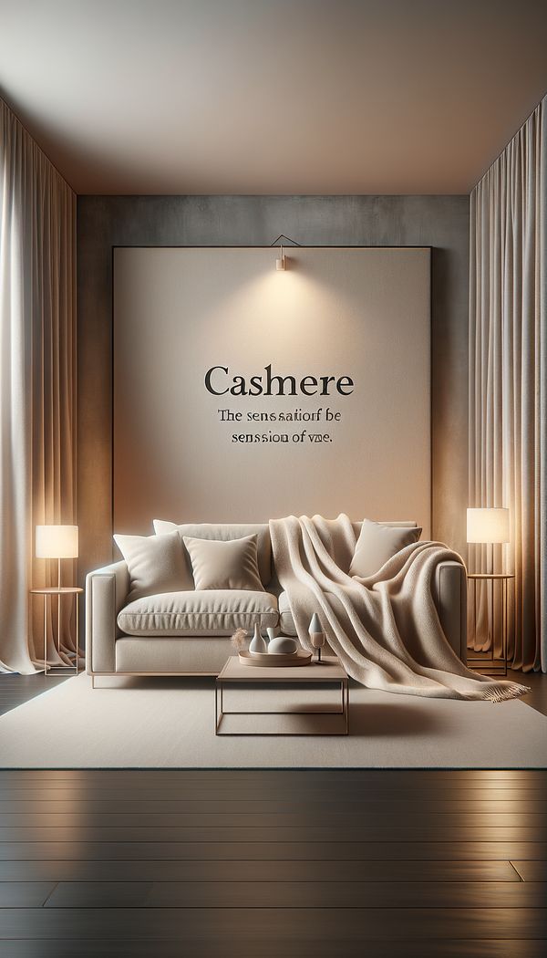 A luxurious living room featuring a soft, beige cashmere throw draped elegantly over a minimalist sofa, with plush cashmere cushions adding texture and warmth to the setting.