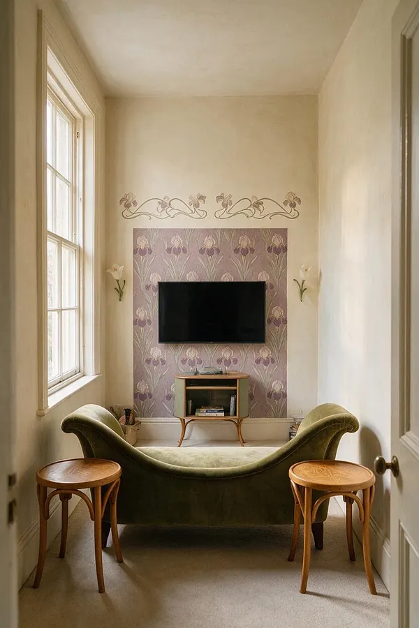 A narrow media room in soft cream tones features a wall-mounted flat-screen TV centered on a lavender floral wallpaper panel with flowing Art Nouveau motifs. A curved green velvet settee faces the screen, flanked by two small bentwood side tables, with tall windows on the left bringing in daylight.