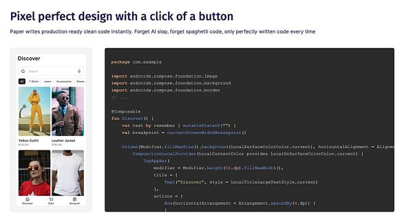 The image features a code snippet for a composable function in a Kotlin-based Android application alongside a UI layout for a discovery interface.