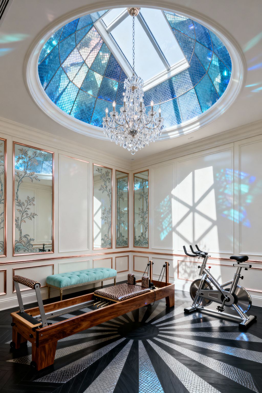 A luxurious home gym features an oval stained-glass dome in blue tones with a central skylight, from which a crystal chandelier hangs. Ivory paneled walls with rose-gold moulding and mirrored chinoiserie panels surround a dark parquet floor with a silver sunburst inlay; equipment includes a walnut Pilates reformer with animal-print cushions, a polished chrome stationary bike, and a tufted aquamarine velvet bench, while colored light from the ceiling scatters softly across the room.