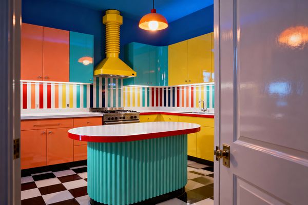 A Pop Art kitchen with glossy yellow, orange, and teal cabinets around an L-shaped layout, a sculptural oversized yellow range hood, and a central oval island with a fluted teal base and white top trimmed in red. A multicolor vertical striped backsplash, cobalt blue walls and ceiling, black-and-white checkerboard floor tiles, a stainless steel range, under-cabinet lighting, and an orange dome pendant create a bold, graphic look.