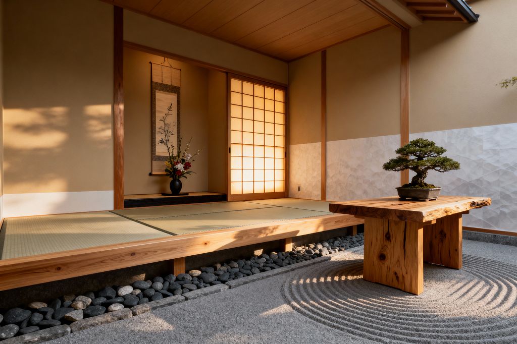 A serene Japanese-style living room shows a raised tatami platform framed in light wood and illuminated by a glowing shoji screen. A tokonoma alcove displays a hanging scroll and a black vase with ikebana. In the foreground, a live-edge wood table supports a bonsai above raked gravel with concentric circles, bordered by smooth river stones, against beige clay walls with white textured plaster panels and a plank wood ceiling.