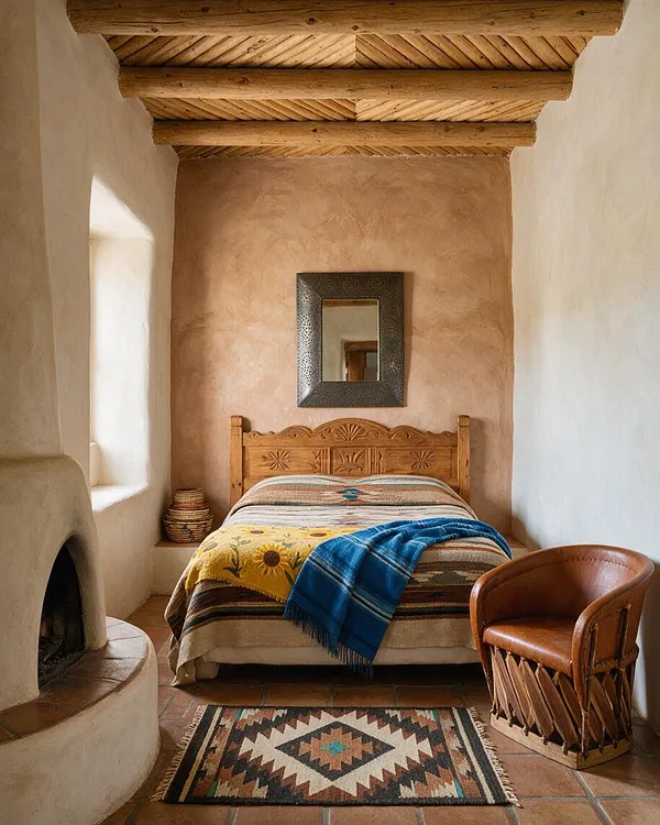 A compact Southwestern-style guest bedroom with adobe plaster walls, exposed wood ceiling beams, and terracotta tile floors. The room features a carved wooden bed, patterned woven textiles, a leather chair, a small fireplace, and a geometric rug in earthy tones.