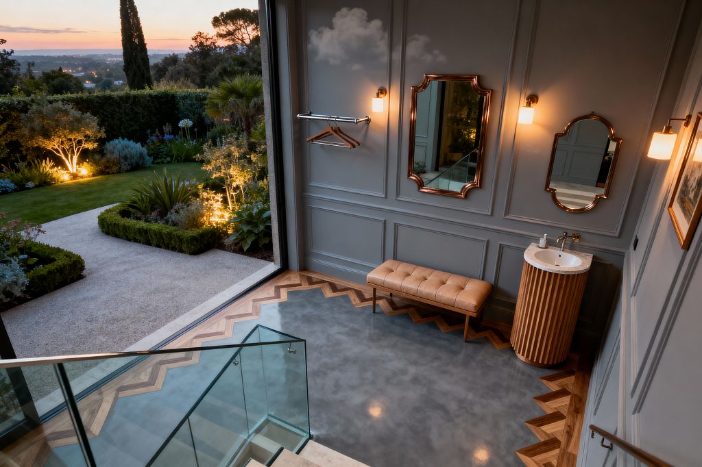 A transitional home gym entry features slate-gray paneled walls with brass sconces and two vintage-profile mirrors. A camel tufted leather bench sits on a polished concrete floor with a chevron oak border beside a compact fluted-wood vanity topped in marble, a chrome wall rack with wooden hangers, and a glass balustrade stair; wide doors open to a landscaped garden at dusk.