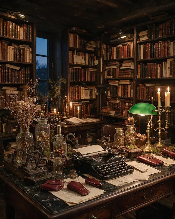 A moody studio apartment styled like a private library, with wall-to-wall bookshelves filled with old books surrounding a dark wood desk. The desk holds a vintage typewriter, glass jars with dried flowers, brass candelabras, parchment papers, and a green banker’s lamp, all lit by warm candlelight and deep shadows.
