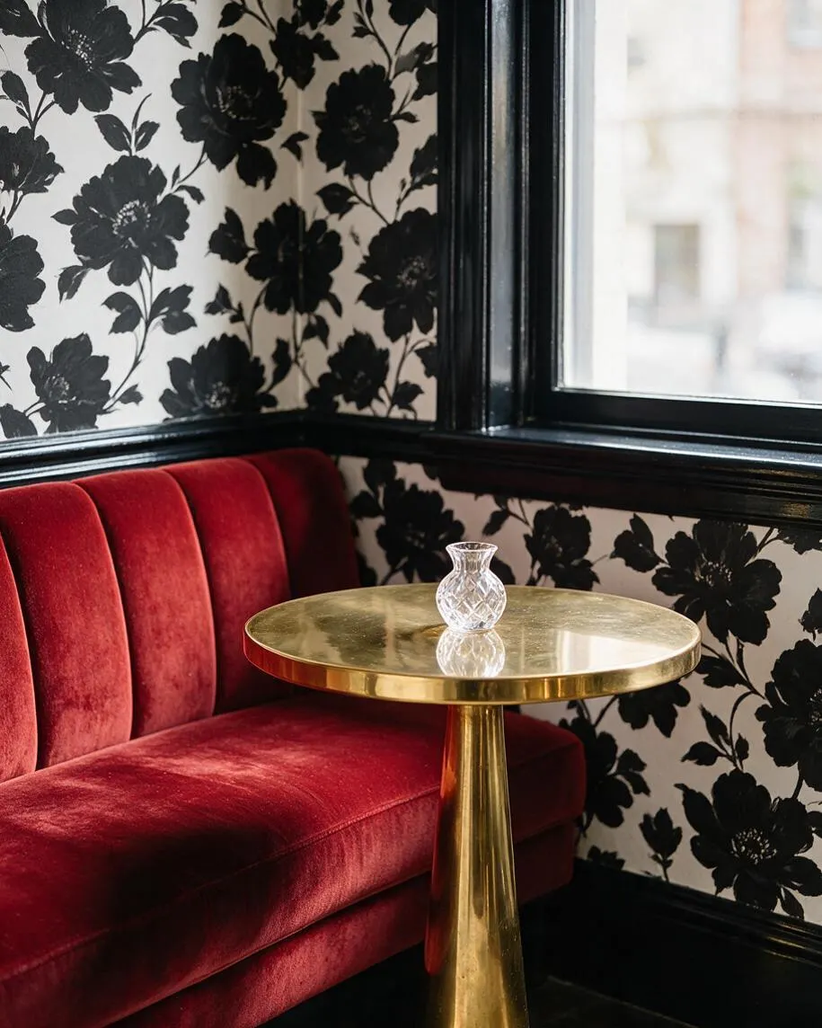 A compact Hollywood Regency seating nook with a deep red velvet banquette beside a small round brass table. Black floral wallpaper, glossy black trim, and a clear glass vase create a dramatic high-contrast corner by a window.