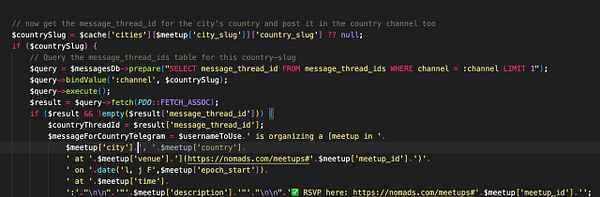 The image displays a code snippet related to querying a database for meetup information.