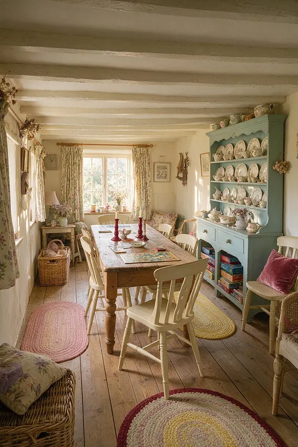 A warm cottagecore game room with a long wooden table at the center, painted chairs around it, and a pale blue hutch filled with decorative plates and teacups. The room has exposed white ceiling beams, floral curtains, braided rugs, wicker baskets, and soft natural light from a window at the back.
