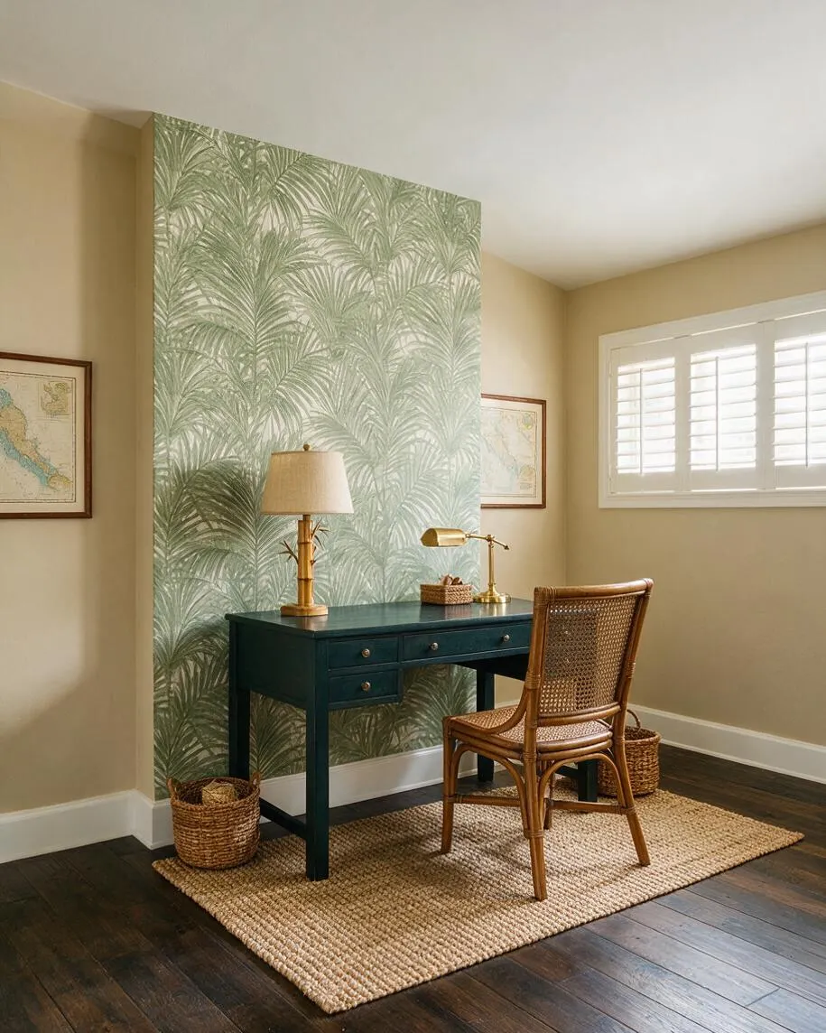 A cozy basement workspace features a dark teal desk against a palm-print accent wall in soft green tones. A woven cane chair, jute rug, bamboo-style lamp, and brass task lamp add warm tropical texture against beige walls and dark wood flooring.
