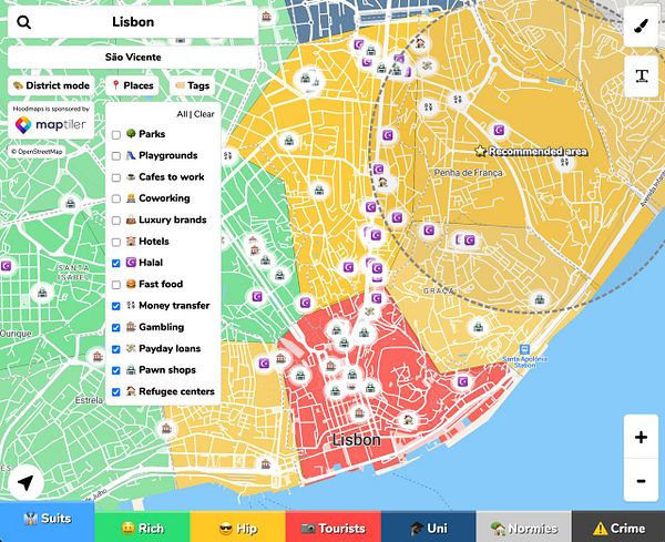 A section of Lisbon's Alfama district map with markers highlighting locations and labels indicating streets, plazas, and landmarks.