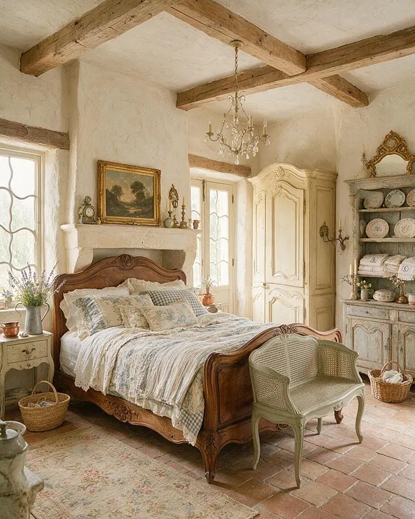 A French Country master bedroom with exposed wood ceiling beams, textured plaster walls, and a carved wooden bed dressed in soft floral and checkered bedding. The room includes a cream armoire, a distressed hutch with decorative plates, a small chandelier, and antique-inspired accents in warm neutral tones.