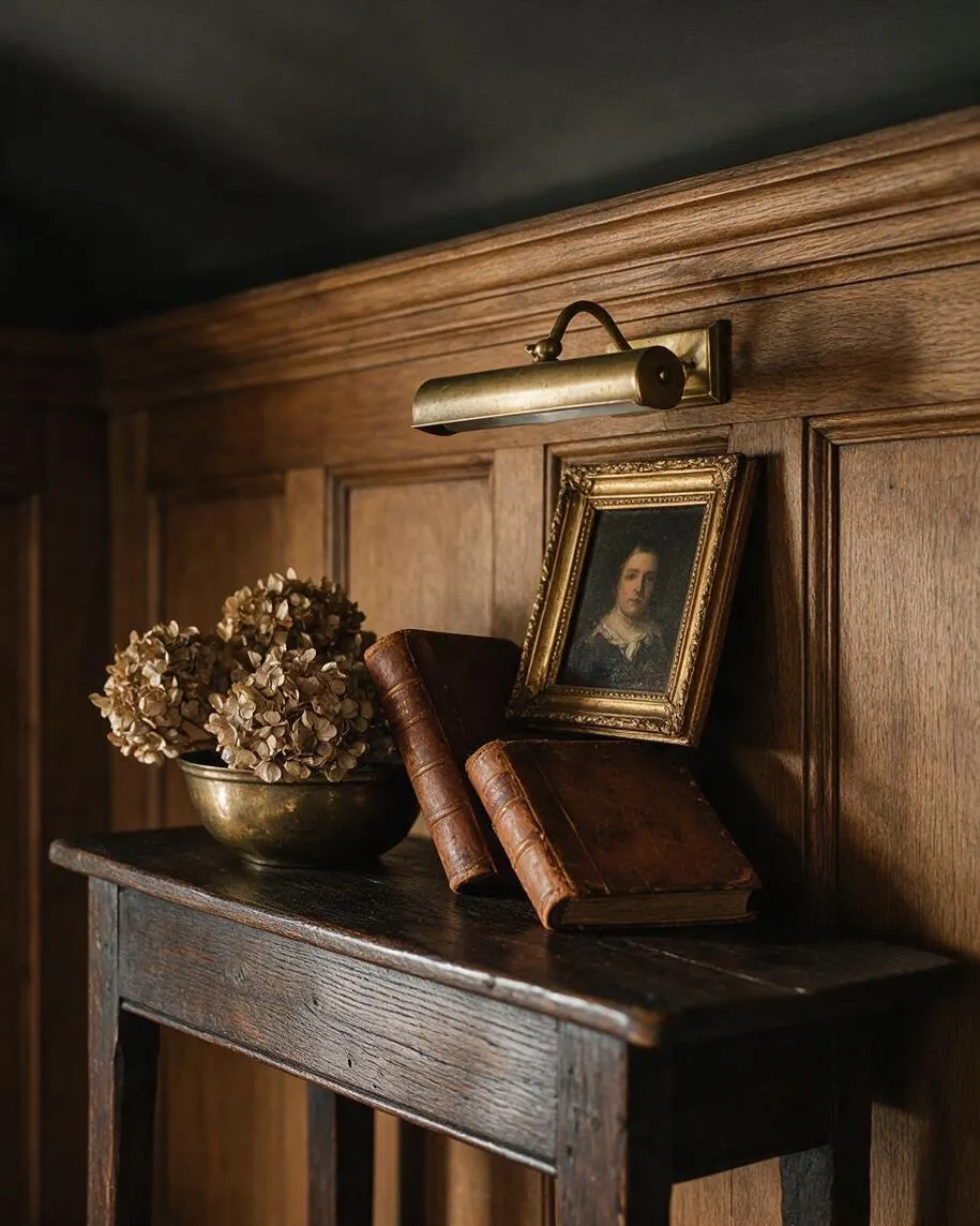 A Dark Academia styled vignette with a dark wood console table against wood-paneled walls, topped with leather-bound books, a brass bowl of dried flowers, and a small gilded portrait frame. A brass picture light above adds a warm glow that highlights the aged textures and scholarly atmosphere.