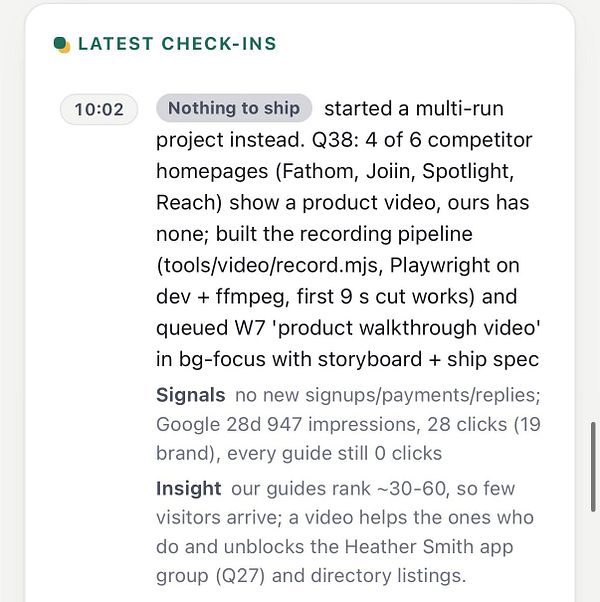 A detailed check-in note about building a recording pipeline for a product demo video and related marketing insights.