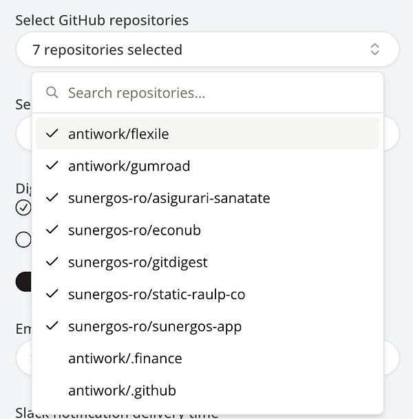 A user interface for selecting GitHub repositories with a dropdown menu displaying selected items.