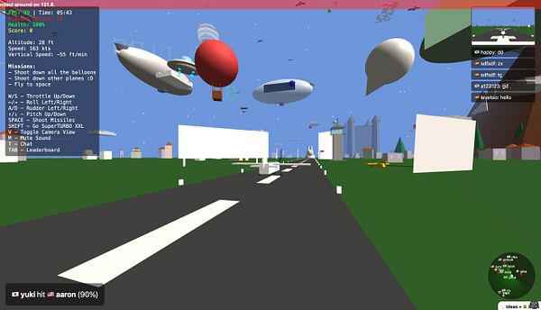 A stylized aerial illustration showing flying blimps and several flying objects above a landscape with houses and trees, without any sponsor logos.