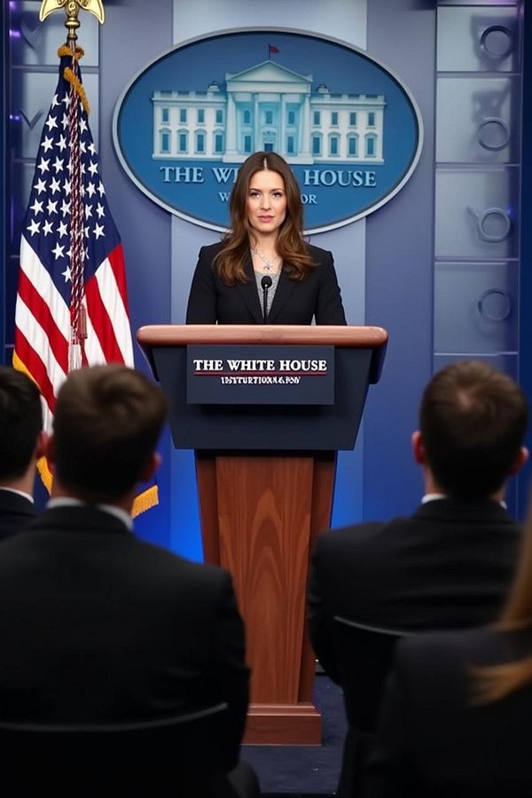 A woman stands at a podium in the White House press briefing room, addressing an audience.