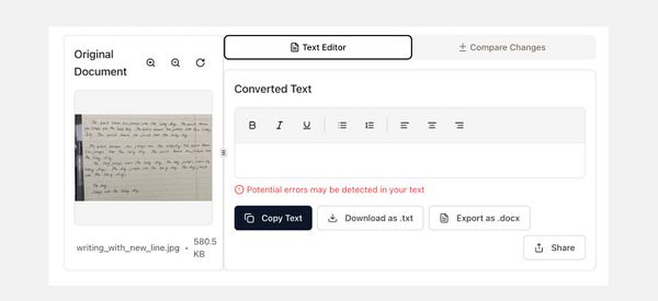 The image displays a user interface for converting handwritten text into digital format.