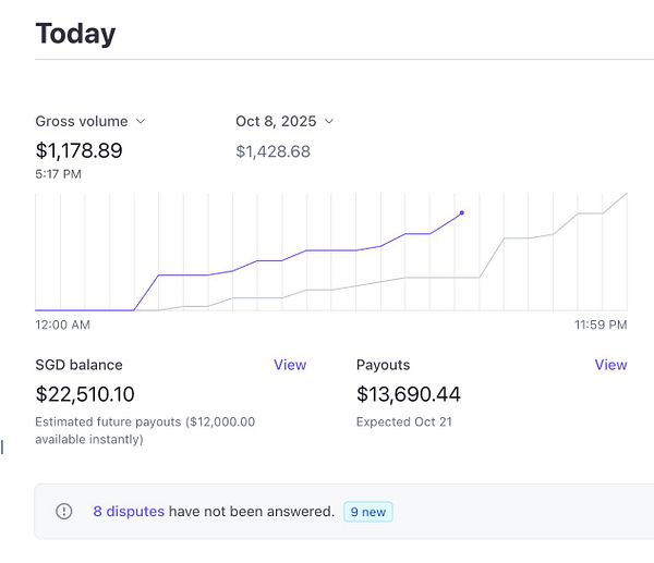 The image displays a financial dashboard showing gross volume, SGD balance, and payouts for a specific day.