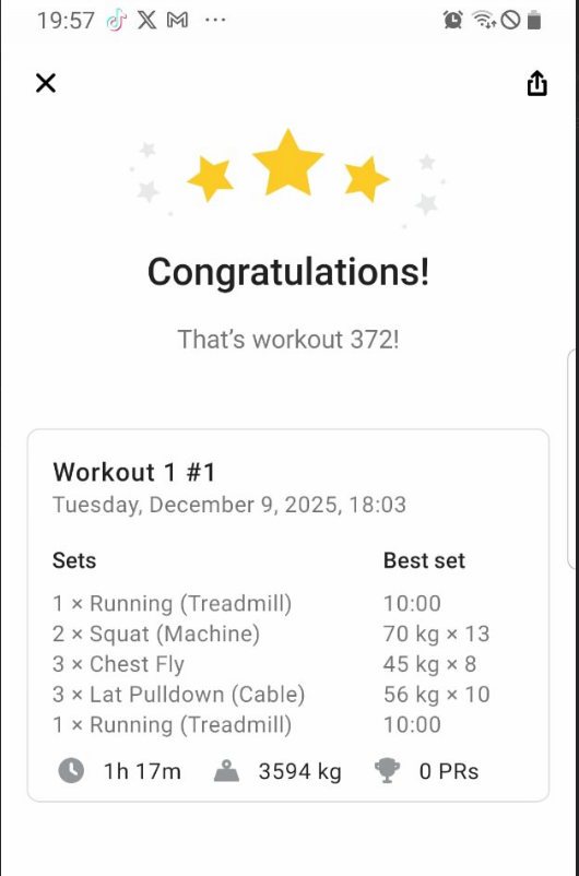 The image displays a workout summary congratulating the user on completing their 372nd workout.