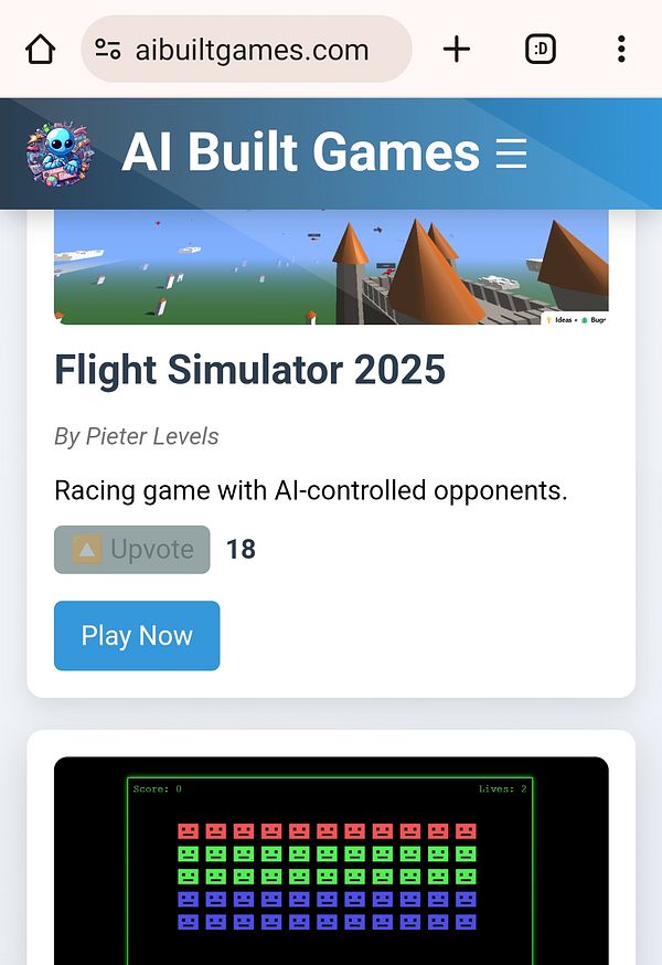 The image displays a mobile interface for the website 'AI Built Games' featuring a game titled 'Flight Simulator 2025'.