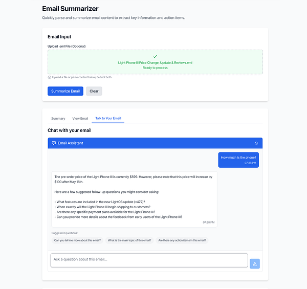 The image displays an interface for an AI email summarizer tool designed to process and summarize email content.