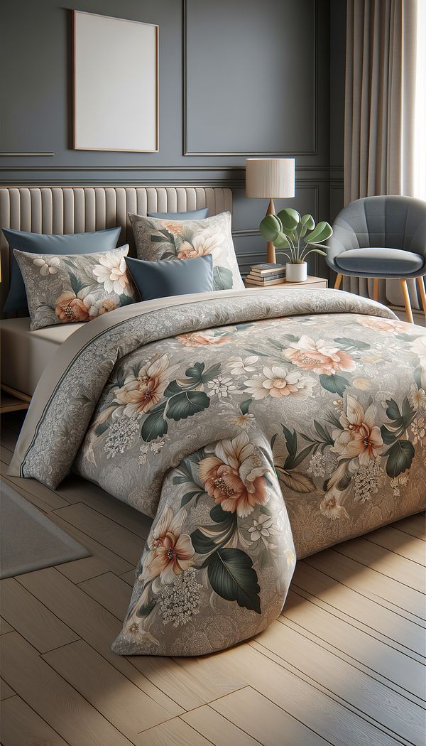 A neatly made bed with a stylish duvet cover with a floral pattern, in a well-decorated bedroom showcasing a mixture of modern and vintage interior design elements.