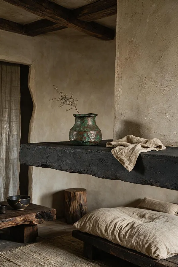 A serene rustic interior with rough plaster walls, dark wooden beams, and a thick black shelf holding a weathered green vase with a twig. Below, a low wooden bench with a beige linen cushion sits beside a small wooden table and bowl, creating a calm Wabi-Sabi atmosphere.