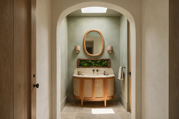 A compact powder room with a tall arched opening, soft sage walls, and a rounded wooden vanity with cane front panels. An oval mirror hangs above a sink, flanked by two wall sconces, and a moss-like green decorative panel adds a natural focal point.