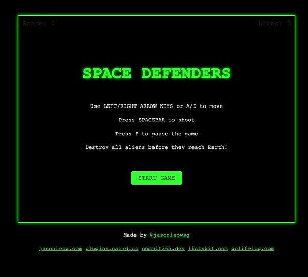 The image displays the main menu of a retro-style video game called 'Space Defenders'.