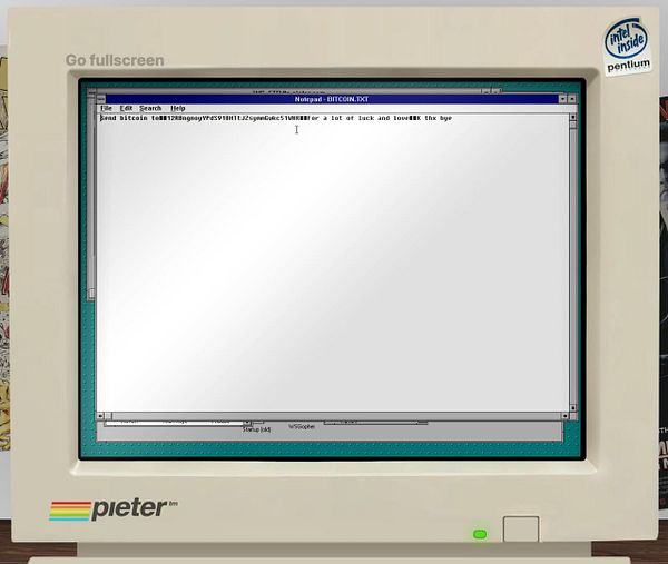 A vintage computer screen displays a Notepad document containing a Bitcoin address and a message.