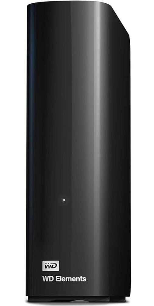 Photo of WD Elements 10TB Desktop HDD box and a plastic adjustable foot rest on a wooden floor next to white walls.
