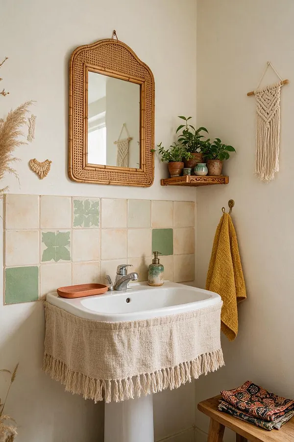 A small bohemian powder room with cream walls, a woven rattan-framed mirror, and pale green and ivory tiled backsplash. A pedestal sink is dressed with a fringed linen skirt, while potted plants, a mustard towel, and macramé wall art add warm, handcrafted texture.