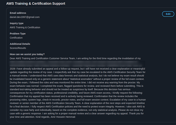 Screenshot of an email draft addressed to AWS regarding an AWS Certified Solutions Architect certification.