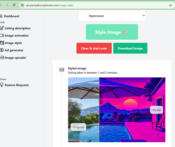 The image displays a user interface for an image styling tool, showcasing an original and a styled version of a landscape image.