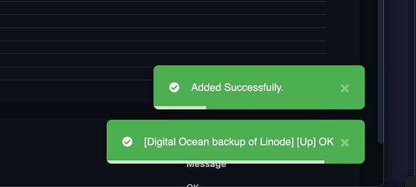 The image displays a user interface showing successful updates related to a Digital Ocean backup and a Linode heartbeat monitor.