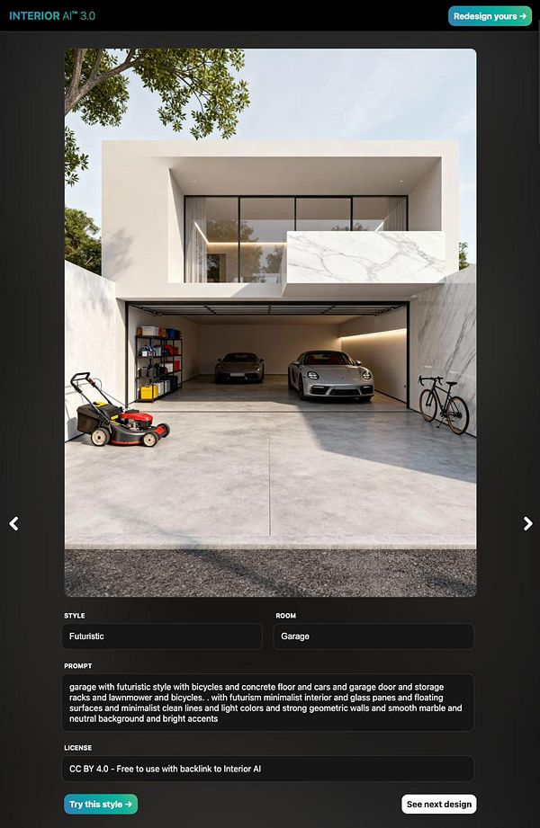 A modern garage featuring sleek cars, bicycles, and organized storage in a futuristic design.