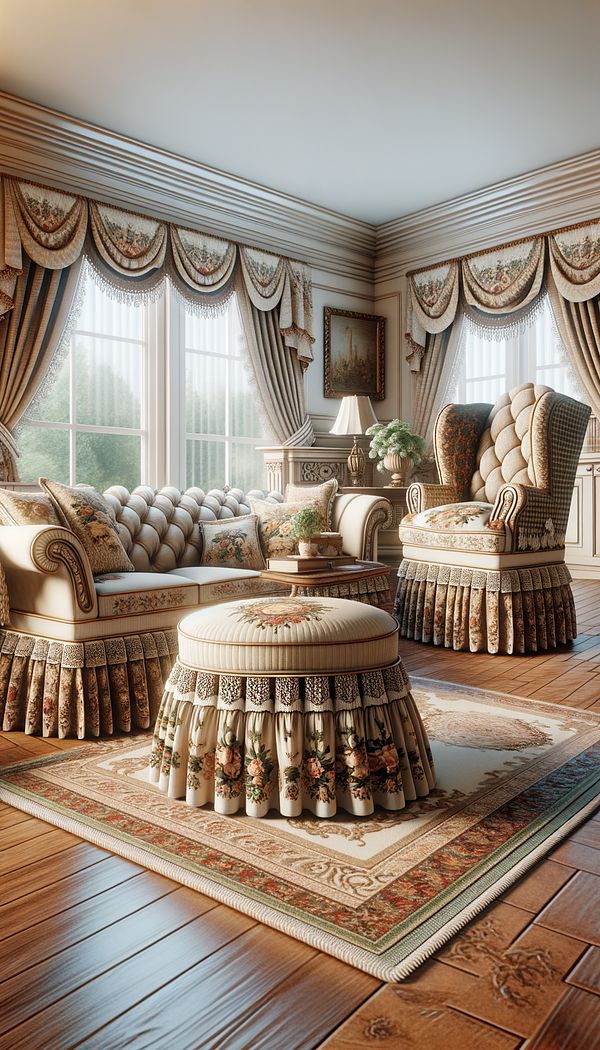 a traditional living room featuring a skirted sofa and a wingback chair, both embellished with a decorative skirt