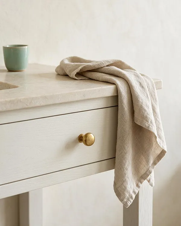 A close-up vignette of a light cream console table with a pale stone or marble top, a single brass knob, and a beige linen cloth draped over the edge. A small muted seafoam cup sits on the tabletop against a soft neutral wall, creating a calm coastal feel.