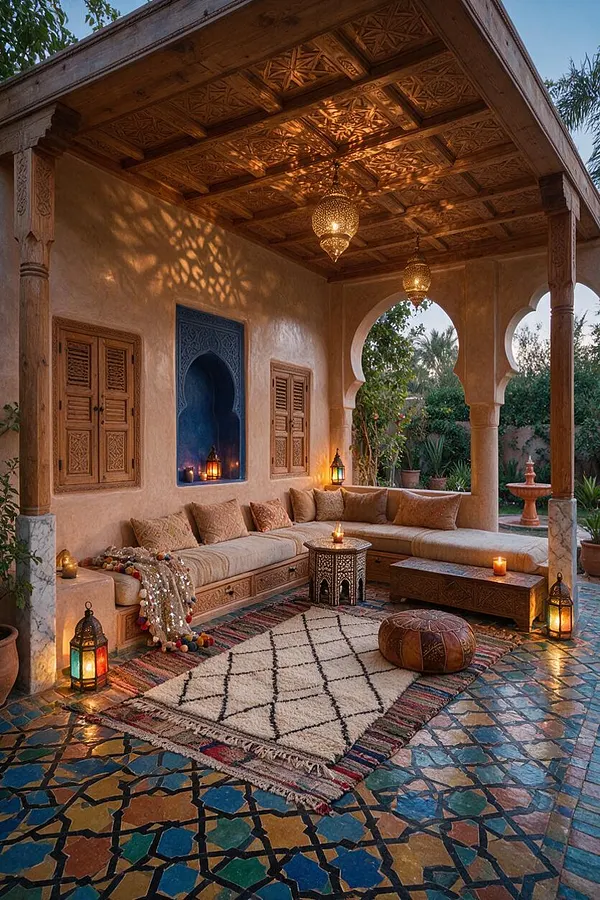 A covered Moroccan-style backyard lounge with carved wooden ceiling details, arched openings, and warm plaster walls. The space features an L-shaped cushioned seating area, patterned rugs, mosaic tile flooring, lanterns, and a hanging pendant light glowing softly at dusk.