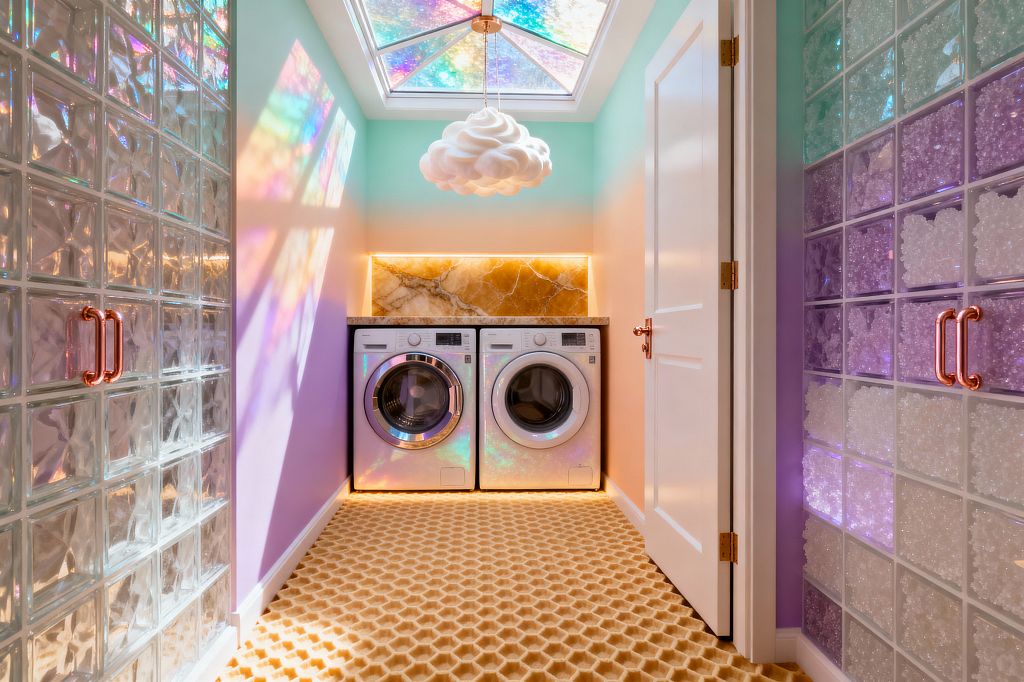 A compact laundry room with pastel walls features glass-block partitions with copper pulls, a honeycomb golden floor, and a front-loading washer and dryer beneath a dark countertop. A backlit amber onyx slab glows behind the appliances as a puffy white cloud pendant hangs below a prismatic skylight, casting rainbow reflections across mint, peach, and lavender surfaces and the iridescent machine fronts.