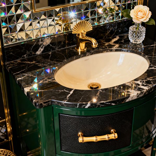 Close-up of a Hollywood Regency bathroom vanity with a glossy emerald green cabinet and curved front. The countertop is black marble with white veining and an oval cream porcelain sink with a gold drain. A polished brass faucet with a fan-shaped escutcheon sits center stage. Behind it, faceted mirrored diamond tiles sparkle. The drawer has a black textured panel and a bamboo-style brass pull, with a gold-framed mirror and a crystal vase holding a pale peach rose.