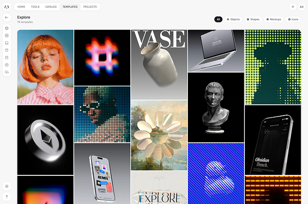 UI design showcase of templates within an Explore page interface, featuring various customizable template previews arranged in a grid layout.