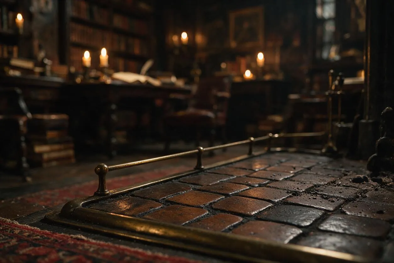 A dim Dark Academia room with a tiled hearth in the foreground, framed by a low brass rail and set on a patterned rug. In the background are dark bookshelves, a writing desk, upholstered chairs, and multiple candles casting a warm amber glow.