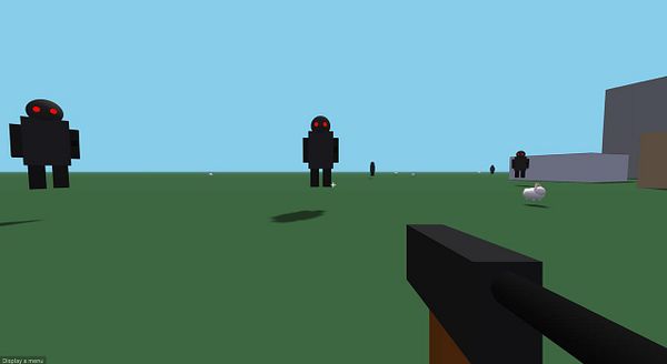 A first-person perspective view of a game scene featuring blocky enemies and a weapon.